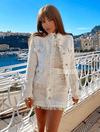 White Tweed High Neck Jacket With Short Skirt Two Piece Set - BEYAZURA.COM