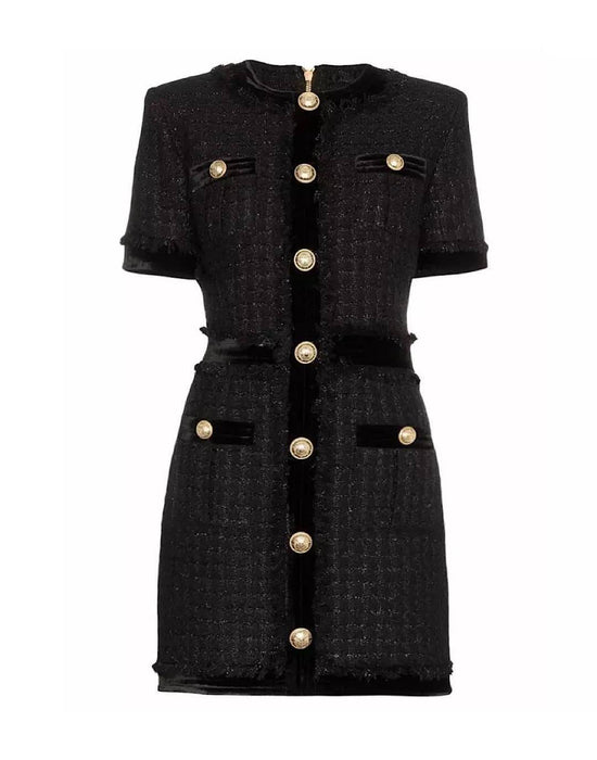 White Tweed Knit Gold Button Dress - BEYAZURA.COM