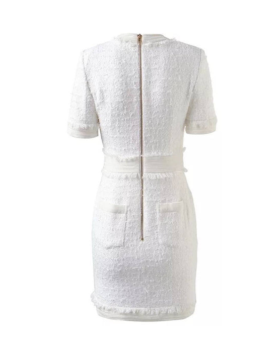 White Tweed Knit Gold Button Dress - BEYAZURA.COM