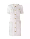 White Tweed Knit Gold Button Dress - BEYAZURA.COM