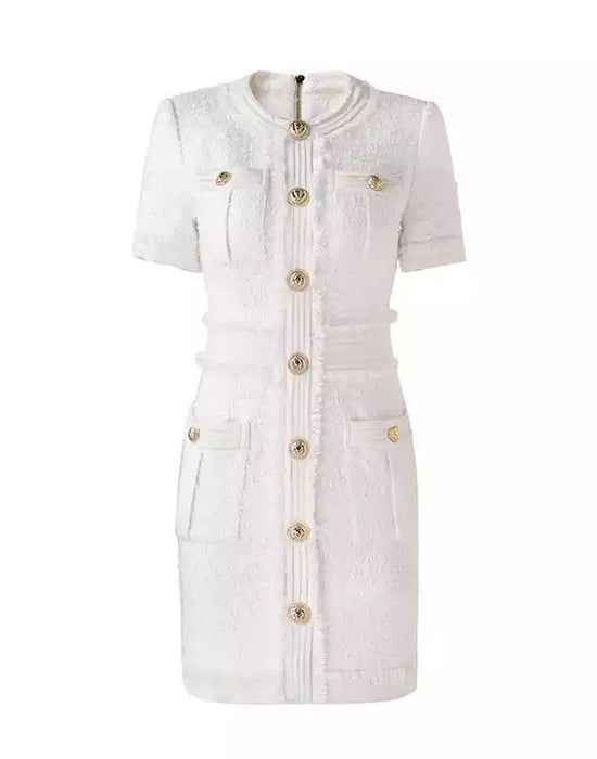 White Tweed Knit Gold Button Dress - BEYAZURA.COM