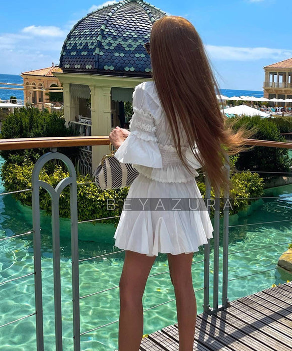 White Two Piece Frill Top and Shorts Set - BEYAZURA.COM