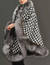 Wool Fox Fur Trimmed Houndstooth Poncho - BEYAZURA.COM