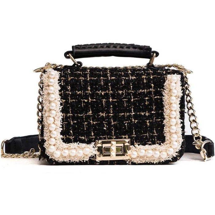 Wool Tweed Flap Gold Strap Handbag - BEYAZURA.COM