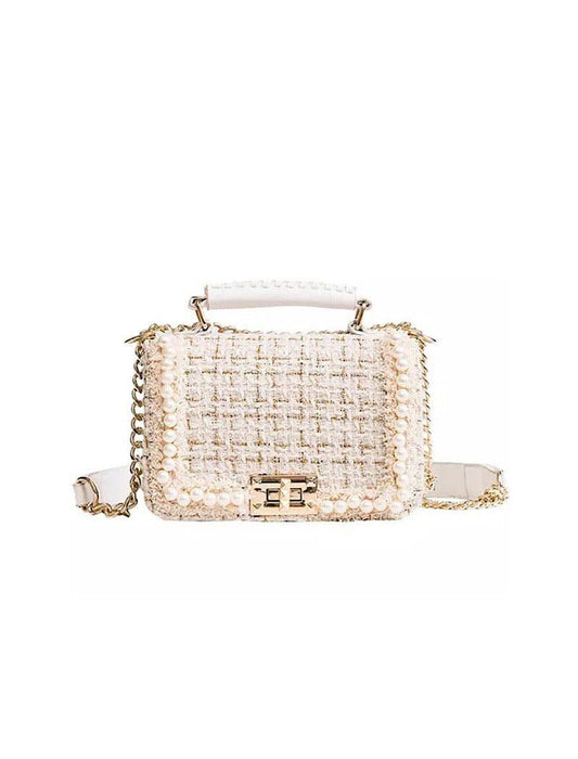 Wool Tweed Flap Gold Strap Handbag - BEYAZURA.COM