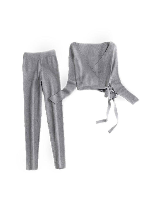 Wrap Top And Pants Knit Set - BEYAZURA.COM