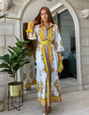 Yellow Ethnic Print Long Shirt Dress - BEYAZURA.COM