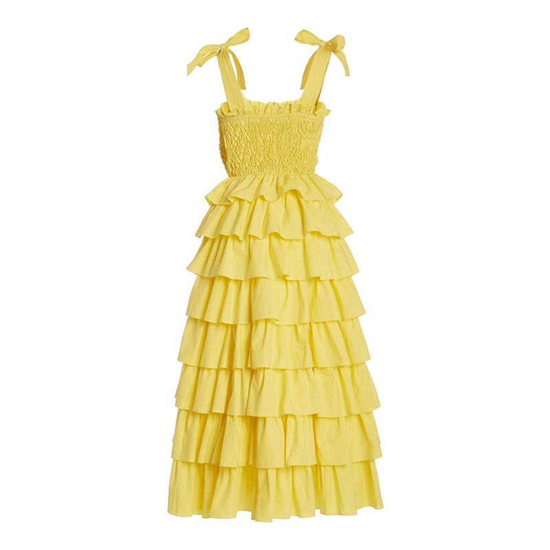 Yellow Multi Layer Bow Spaghetti Strap Maxi Dress