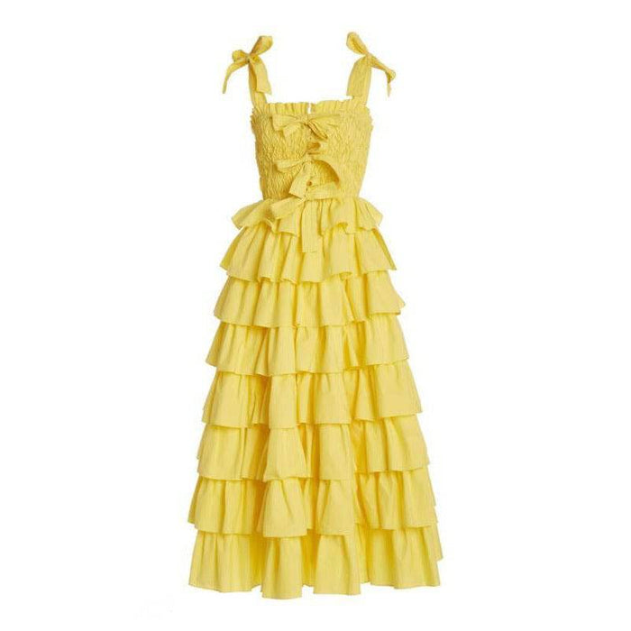 Yellow Multi Layer Bow Spaghetti Strap Maxi Dress - BEYAZURA.COM
