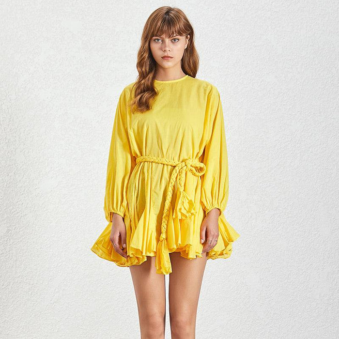 Yellow Ruffled and Frilled Skirt Belted Short Dress - BEYAZURA.COM