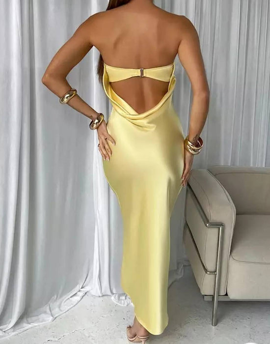 Yellow Satin Lower Back Strapless Dress - BEYAZURA.COM
