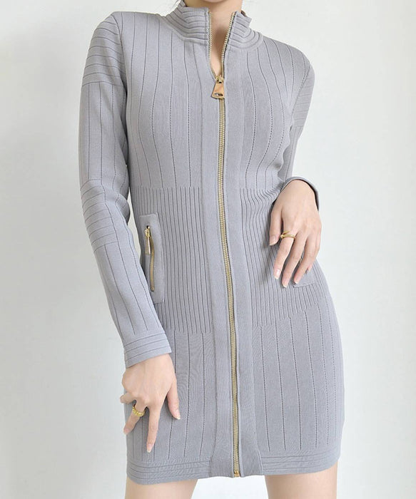 Zippered Knitted Mini Dress In Gray - BEYAZURA.COM