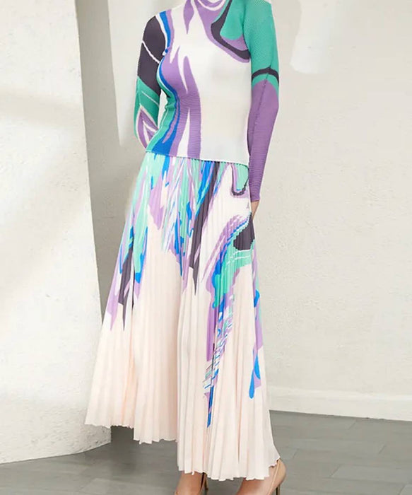 Printed Long Sleeve With Long Skirt Set In Green - BEYAZURA.COM