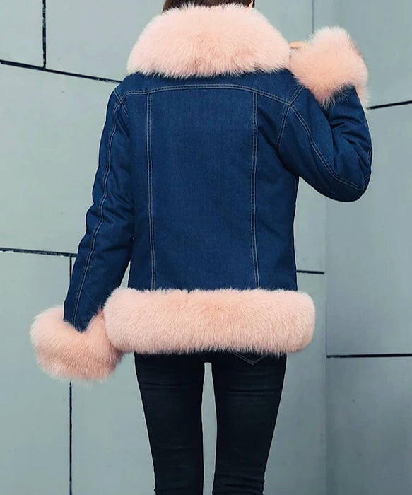 Fox Fur Trimmed Parka Denim Coat With Rabbit Fur Lining In Pink - BEYAZURA.COM