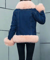 Fox Fur Trimmed Parka Denim Coat With Rabbit Fur Lining In Brown - BEYAZURA.COM