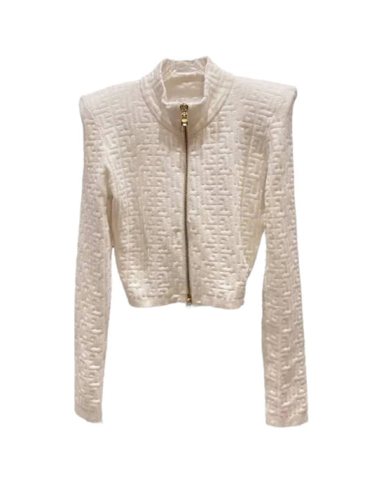 Quilted Crop Big Shoulder Knit Jacket - Beyazura.com