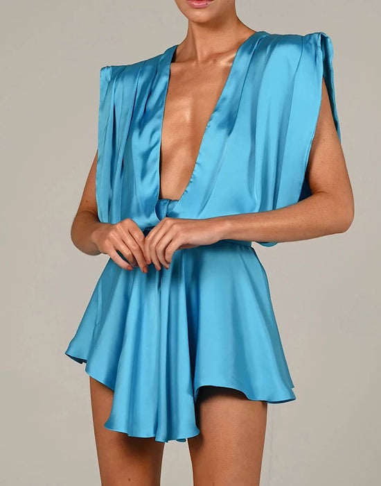 Deep V Neck Loose Short Playsuit - Beyazura.com