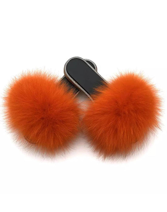 Natural Fur Slides With Rhinestones - Beyazura.com