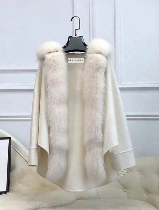 Oversized Australian Wool Fox Fur Trim Poncho - Beyazura.com