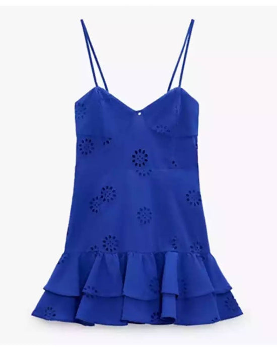 Blue Layered Ruffled Hem Dress - Beyazura.com