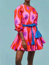 Printed Ruffled and Frilled Skirt Belted Short Dress - Beyazura.com