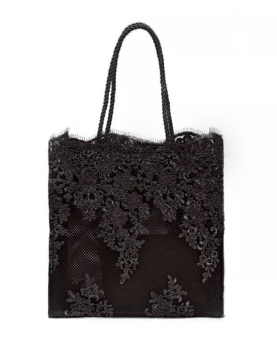 Rectangular Embroidered Lace Tote Bag - Beyazura.com