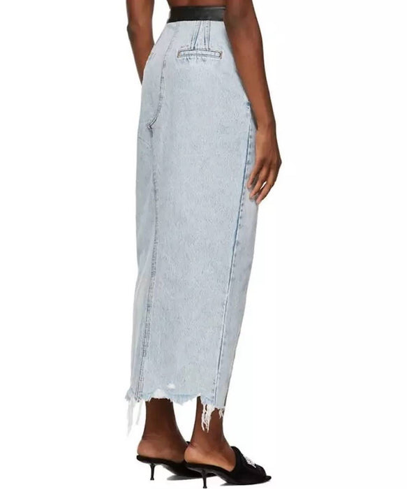 High Middle Slit Denim Long Skirt - BEYAZURA.COM