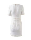 White Tweed Knit Gold Button Dress - Beyazura.com
