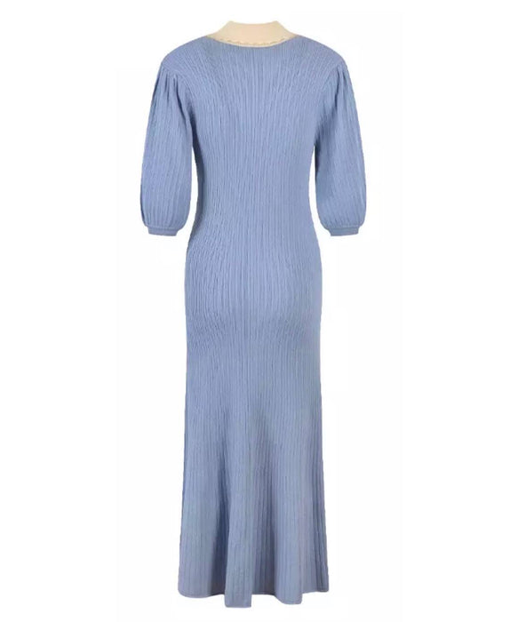 Collared Knit Button Down Dress In Blue - BEYAZURA.COM