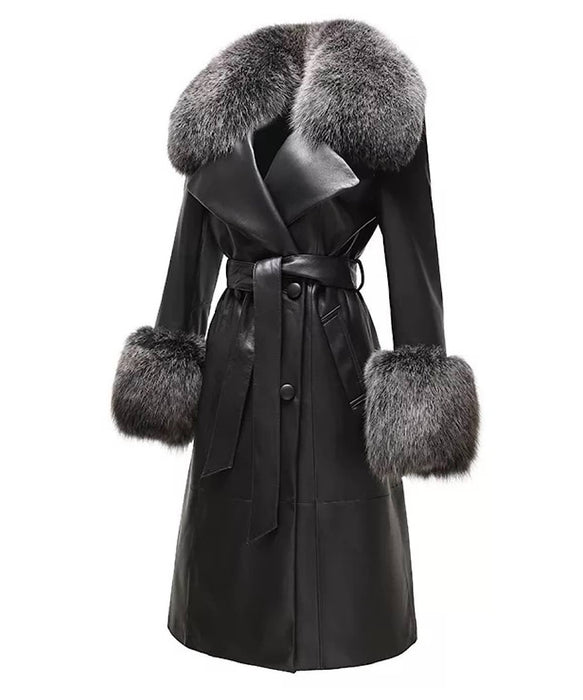 Genuine Sheepskin Leather Fox Fur Trimmed Coat In Hazel - BEYAZURA.COM