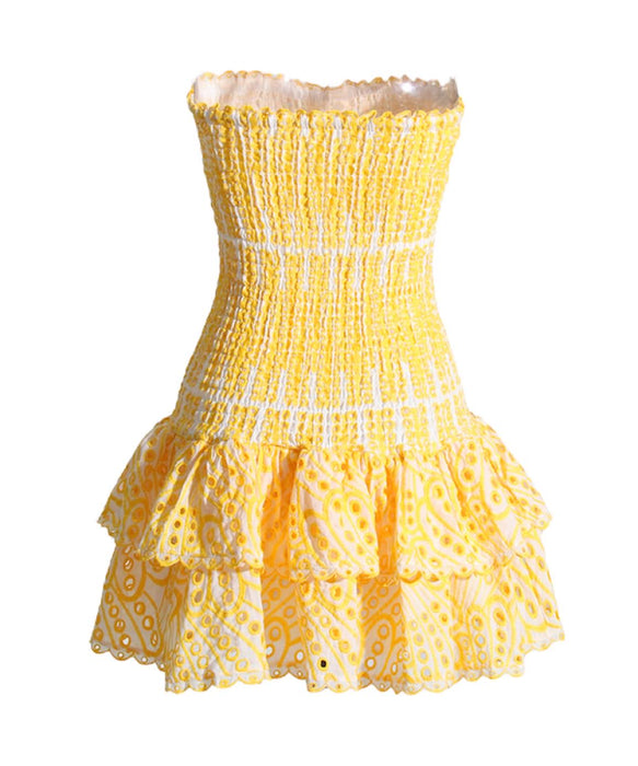 Strapless Elastic Woven Mini Dress In Yellow - BEYAZURA.COM
