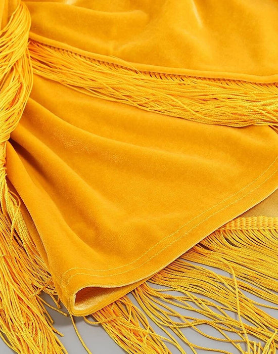 Asymmetrical Tassel Draped Velvet Dress In Yellow - Beyazura.com