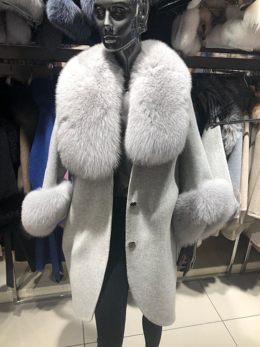 Long Alpaca Cashmere Fox Fur Collar Coat - Beyazura.com