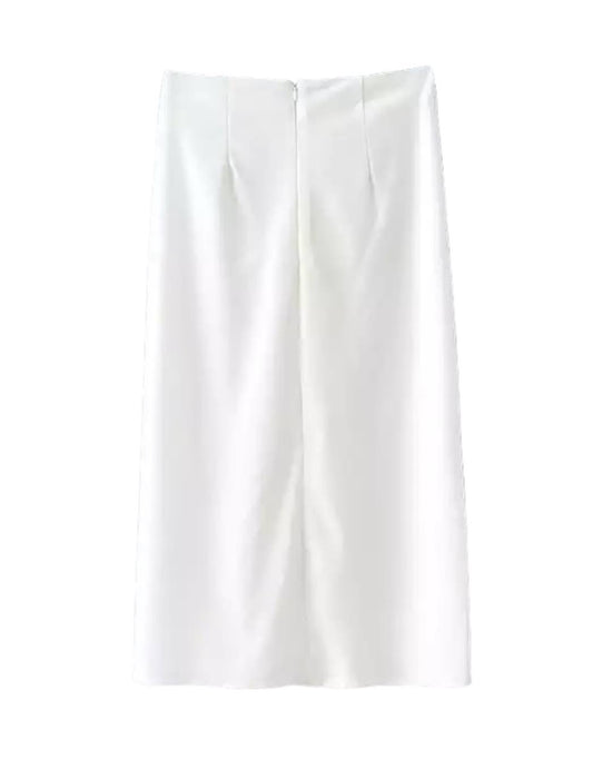 White Ruched Front Midi Skirt - Beyazura.com