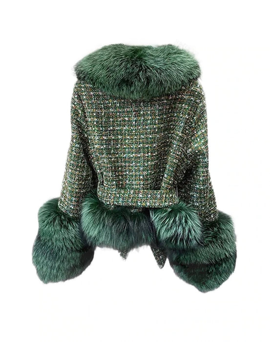 Tweed Fox Fur Trim Belted Wool Coat - Beyazura.com