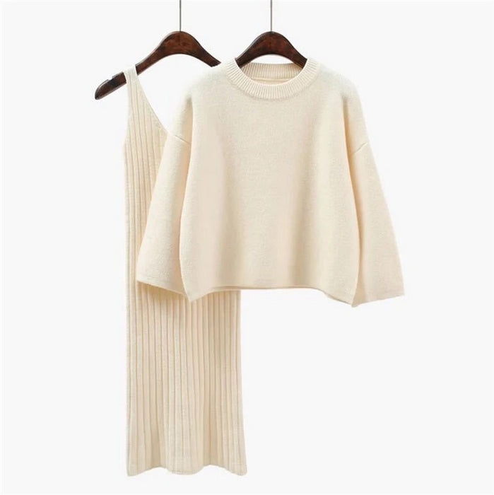 Cashmere Soft Ribbed Knit Dress And Long Sleeve Sweater Cashmere Two Piece Set - Beyazura.com