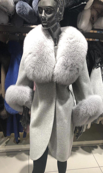 Long Alpaca Cashmere Fox Fur Collar Coat - Beyazura.com