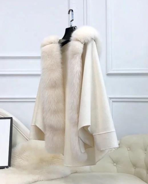 Oversized Australian Wool Fox Fur Trim Poncho - Beyazura.com
