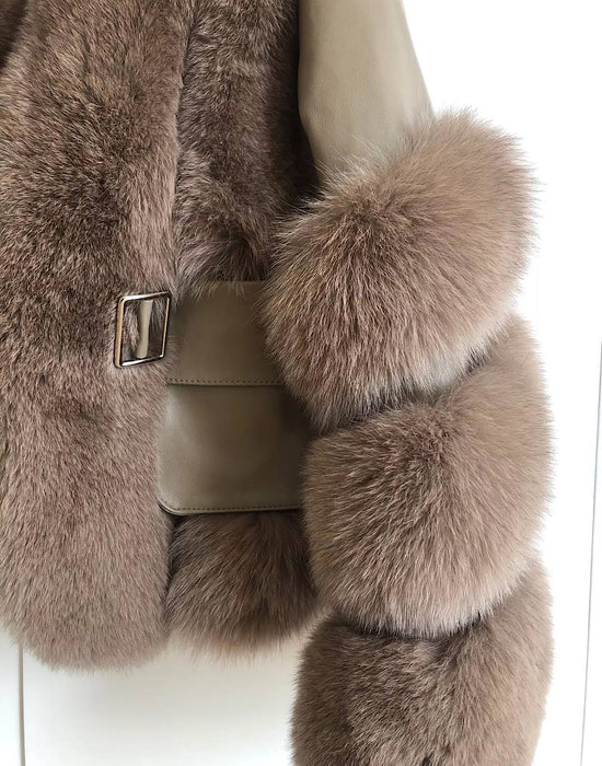 Fox Fur Leather Trimmed Belted Coat - Beyazura.com